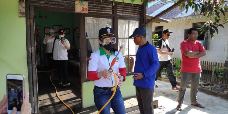 Ketua HKTI Singkawang Tjhai Chui Mie ikut menyemprotkan disinfektan dan membagikan masker serta vitamin