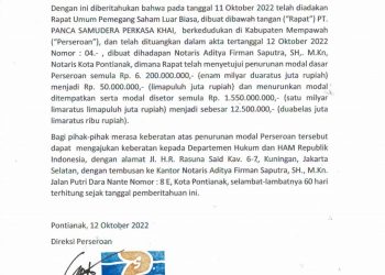 PEMBERITAHUAN Hasil Rapat Umum Pemegang Saham Luar Biasa (RUPS-LB) PT. Panca Samudera Perkasa Khai