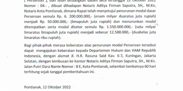 PEMBERITAHUAN Hasil Rapat Umum Pemegang Saham Luar Biasa (RUPS-LB) PT. Panca Samudera Perkasa Khai