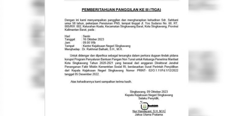 Dugaan Kasus Korupsi BPNT Singkawang, Kejari Keluarkan Surat Panggilan ke-3 ke Tersangka